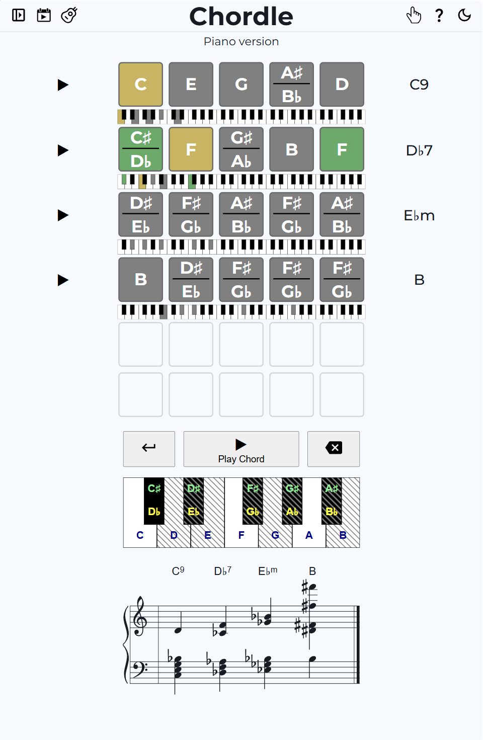 Screenshot of 5-note chordle game using duplicate notes