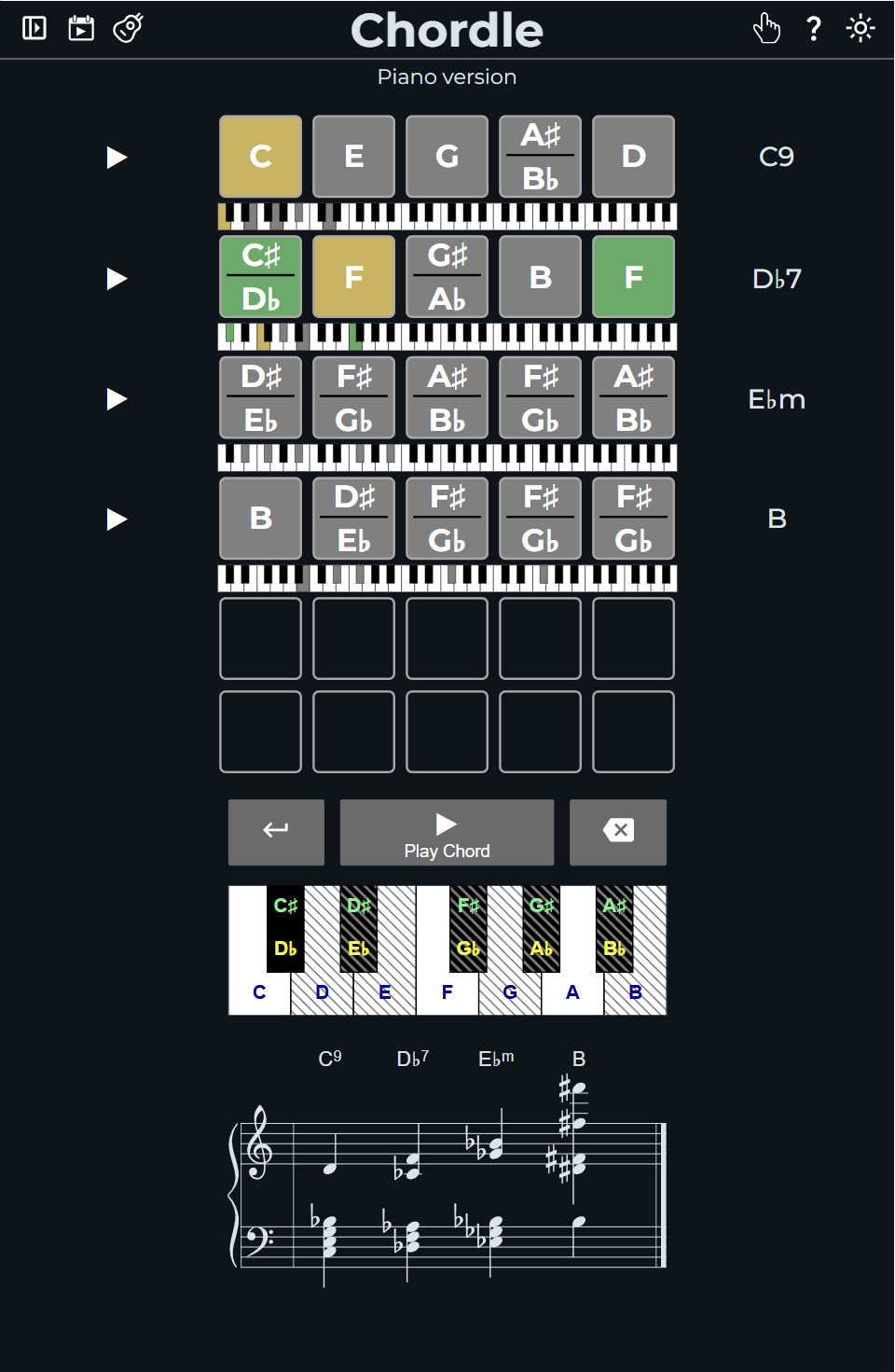 Screenshot of 5-note chordle game using duplicate notes