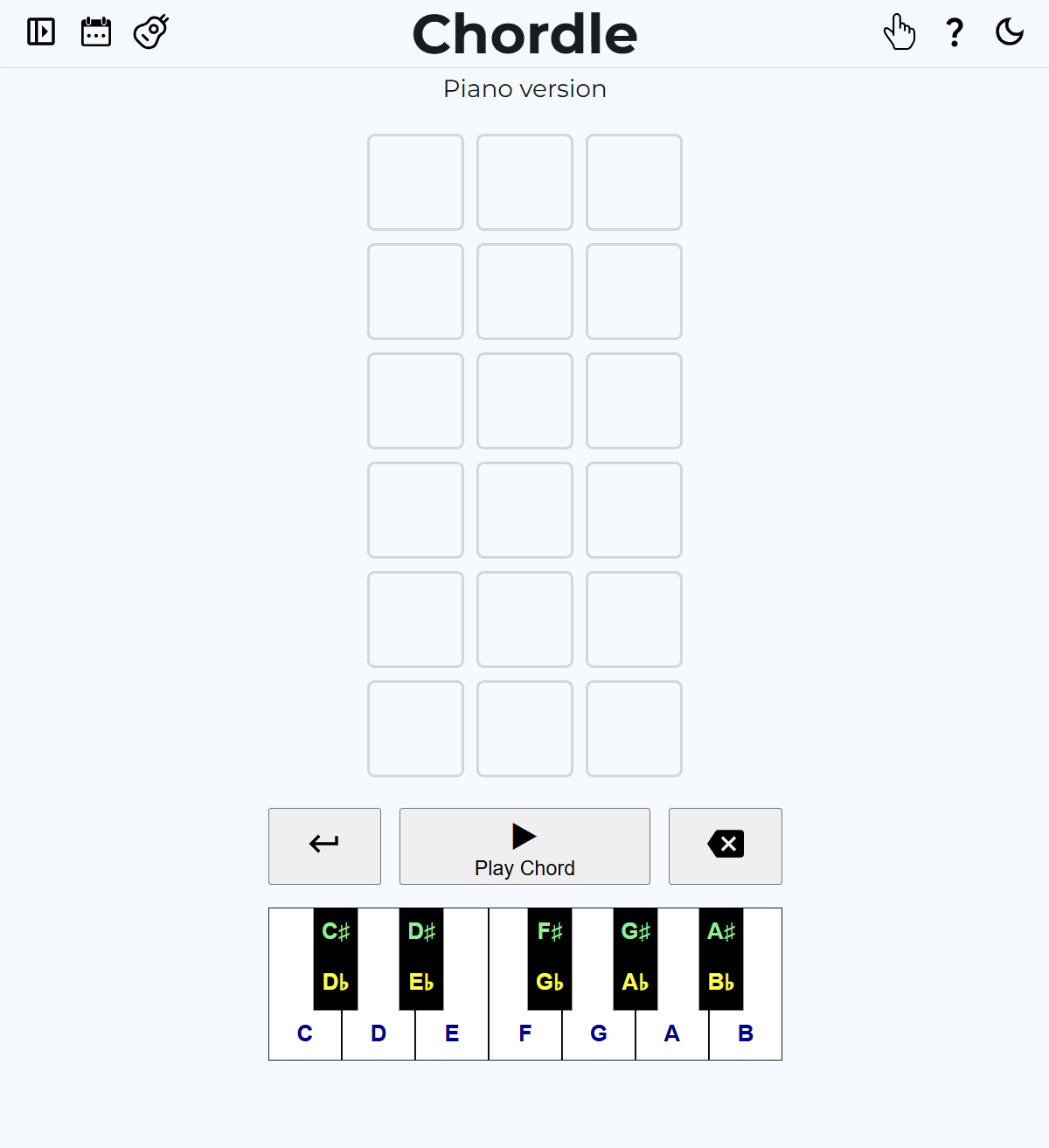 Screenshot of 3-note chordle game in the piano version in its initial state