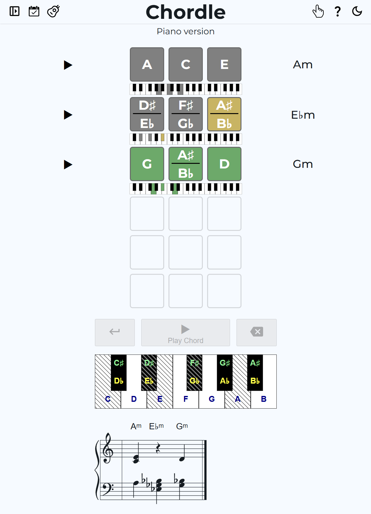 Screenshot of 3-note chordle game in the piano version after three guesses