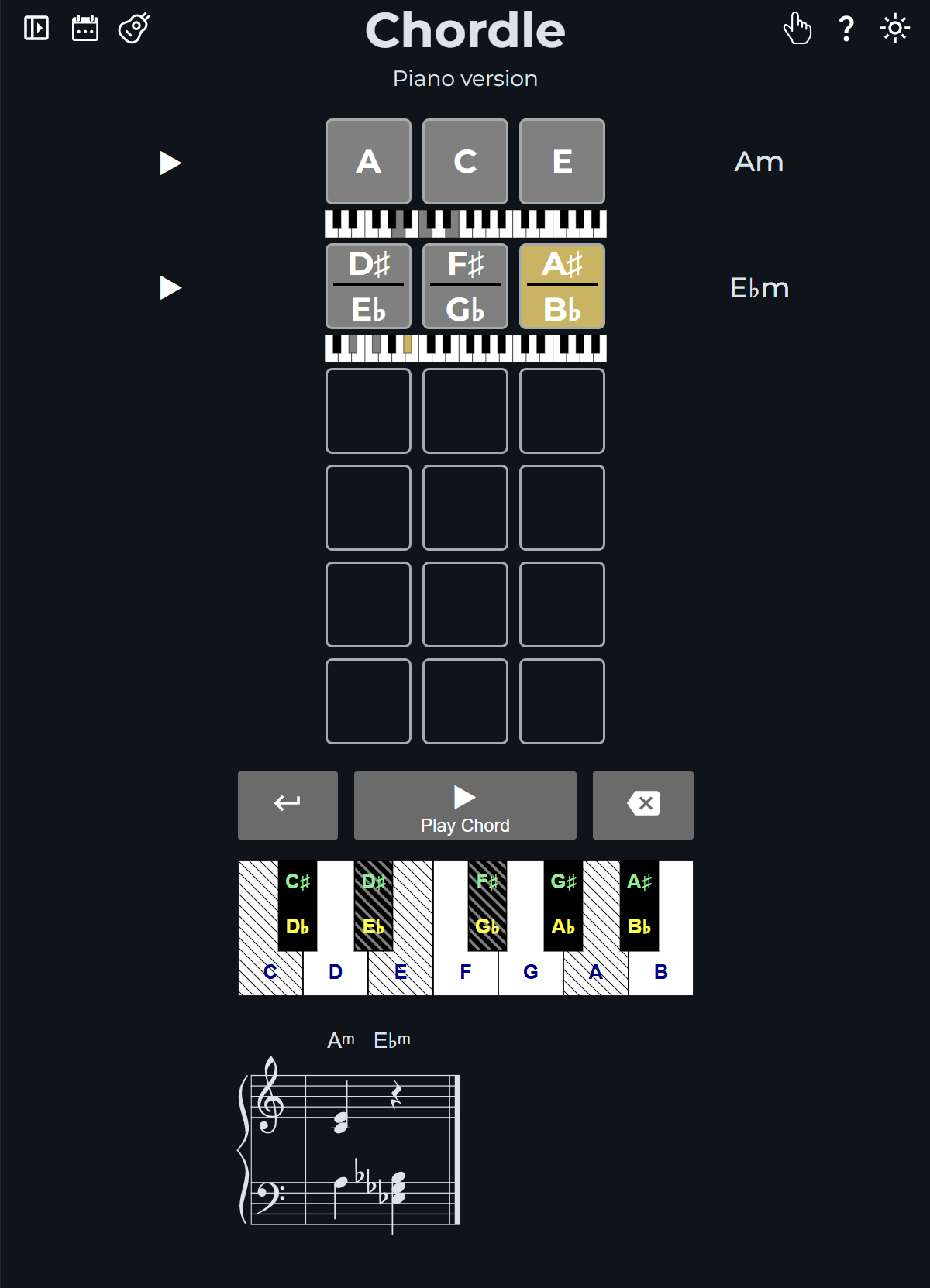 Screenshot of 3-note chordle game in the piano version after two guesses