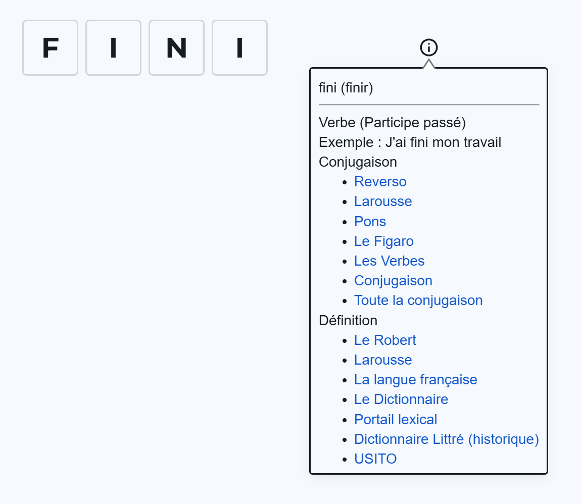 Symbole d'information avec info-bulle pour une forme verbale