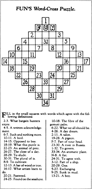 A recreation of the first crossword puzzle, created by Arthur Wynne, published in the New York World on December 21st, 1913
